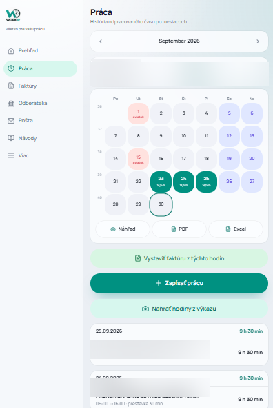 Workio — evidencia práce a kalendár